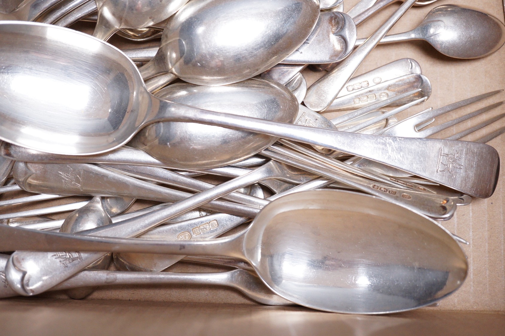 Forty five items of Edwardian silver Old English pattern flatware by John Round & Sons, Sheffield, 1904, one other silver teaspoons and two plated spoons